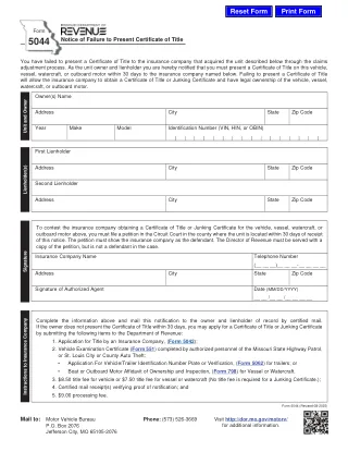 MO-5044 fillable PDF first-page preview of Missouri - Notice of Failure to Present Certificate of Title