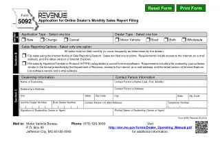 MO-5092 fillable PDF first-page preview of Missouri - Application for Online Dealer's Monthly Sales Report Filing