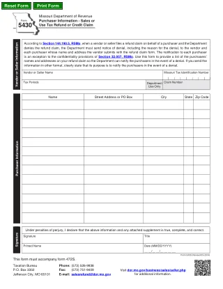 MO-5430 fillable PDF first-page preview of Missouri - Purchaser Information - Sales/Use Tax Refund/Credit Claim