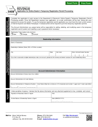 MO-5459 fillable PDF first-page preview of Missouri - Application for Online Dealer's Temporary Registration Permit Processing