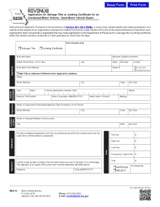 MO-5826 fillable PDF first-page preview of Missouri - Application for Salvage Title or Junking Certificate for an Unclaimed Motor Vehicle - Used Motor Vehicle Dealer