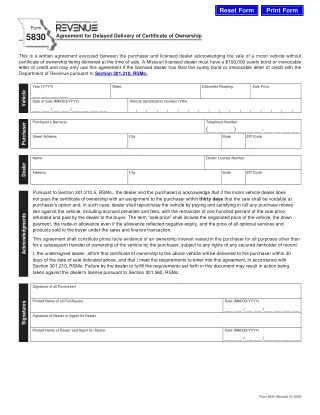 MO-5830 fillable PDF first-page preview of Missouri - Agreement for Delayed Delivery of Certificate of Ownership