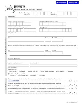 MO-5879 fillable PDF first-page preview of Missouri - Biodiesel Retailer and Distributor Tax Credit