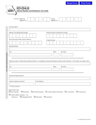 MO-5885 fillable PDF first-page preview of Missouri - Ethanol Retailer and Distributor Tax Credit