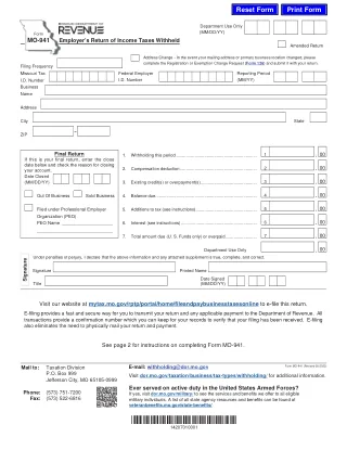 MO-941 fillable PDF first-page preview of Missouri - Employer's Return of Income Taxes Withheld
