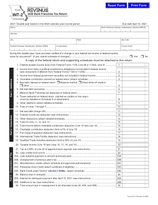 MO-INT-2 fillable PDF first-page preview of Missouri - Bank Franchise Tax Return (Includes Forms 2331 and 4347)