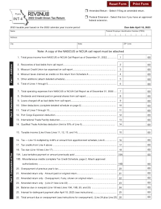 MO-INT-4 fillable PDF first-page preview of Missouri - Credit Union Tax Return (Includes Forms 2330 and 2331)