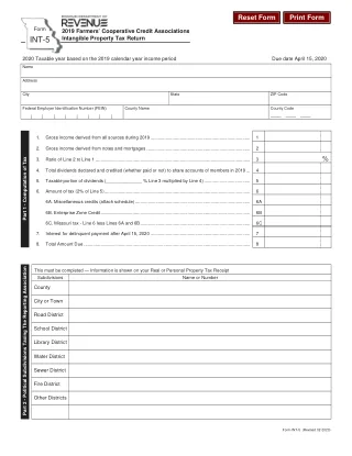 MO-INT-5 fillable PDF first-page preview of Missouri - Farmer's Cooperative Credit Associations Intangible Property Tax Return