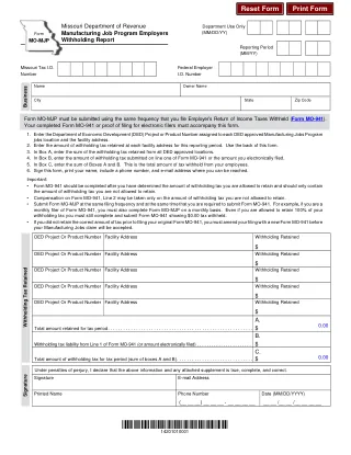 MO-MJP fillable PDF first-page preview of Missouri - Manufacturing Jobs Program Employers Withholding Report