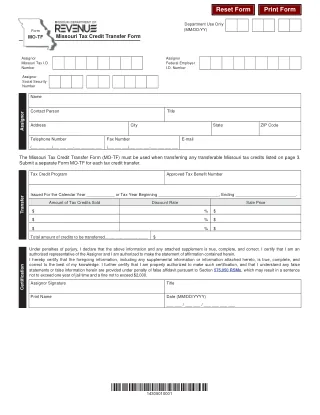 MO-TF fillable PDF first-page preview of Missouri Tax Credit Transfer Form