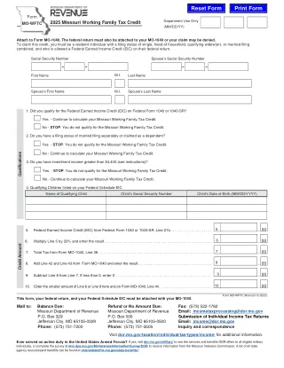 MO-WFTC fillable PDF first-page preview of Missouri Working Family Tax Credit