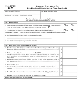 NJ-GIT-311 fillable PDF first-page preview of New Jersey - Neighborhood Revitalization State Tax Credit