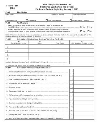 NJ-GIT-317 fillable PDF first-page preview of New Jersey - Sheltered Workshop Tax Credit