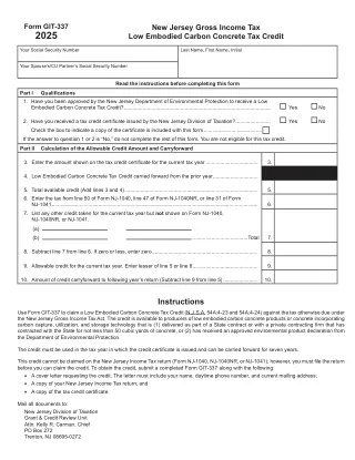NJ-GIT-337 fillable PDF first-page preview of New Jersey — Income Tax Low Embodied Carbon Concrete Tax Credit