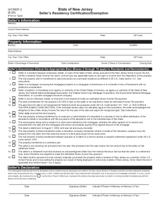 NJ-GIT/REP-3 fillable PDF first-page preview of New Jersey - Seller's Residency Certification/Exemption