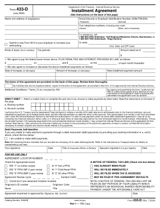433-D fillable PDF first-page preview of Installment Agreement