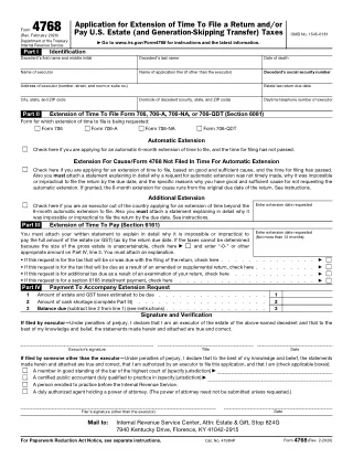 4768 fillable PDF first-page preview of Application for Extension of Time To File a Return (706)