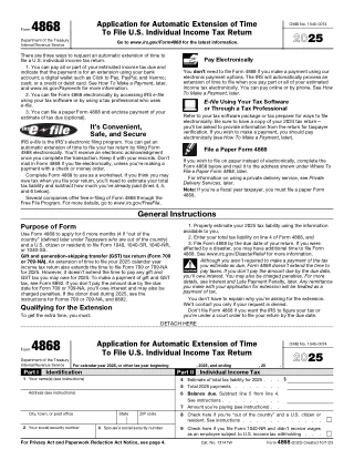 4868 fillable PDF first-page preview of Application for Automatic Extension (Individuals)