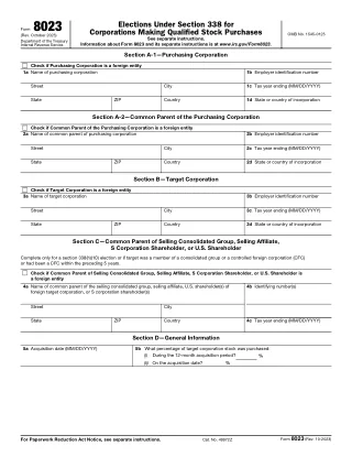 8023 fillable PDF first-page preview of Elections Under Section 338 for Corporations Making Stock Purchases