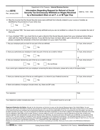 8316 fillable PDF first-page preview of Information Regarding Request for Refund of SS Tax