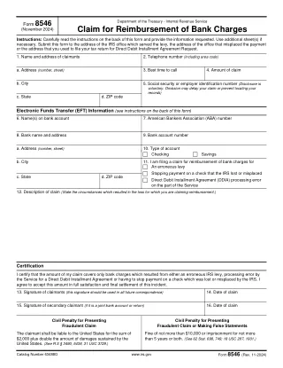 8546 fillable PDF first-page preview of Claim for Reimbursement of Bank Charges