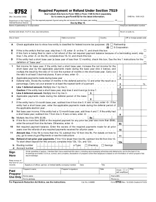 8752 fillable PDF first-page preview of Required Payment or Refund Under Section 7519
