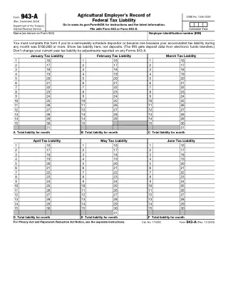 943-A fillable PDF first-page preview of Agricultural Employer's Record of Federal Tax Liability