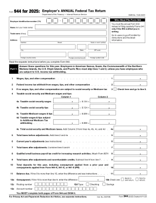 944 fillable PDF first-page preview of Employer's Annual Federal Tax Return