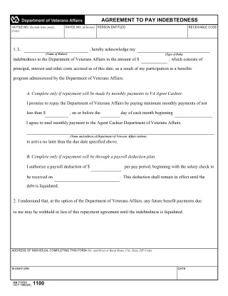 VA 1100 fillable PDF first-page preview of Agreement to Pay Indebtedness