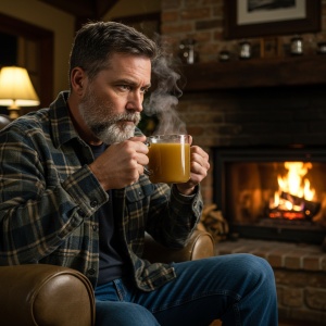 A person holding a mug of steaming bone broth, enjoying it by a cozy fireplace.