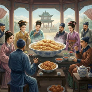 A painting depicting a historical Chinese banquet scene, with a prominent bowl of Fish Maw Soup at the center, showing wealthy individuals enjoying the delicacy.