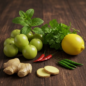 A close-up, realistic image of all the ingredients for Amla Chutney, neatly arranged on a wooden surface: Amlas, mint, coriander, chilies, ginger, lemon.