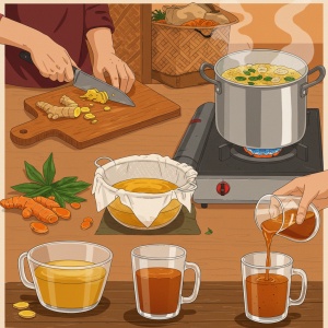A detailed illustration showing the steps of making Jamu: chopping ginger and turmeric, simmering the mixture in a saucepan, straining the liquid, and finally pouring it into a glass.