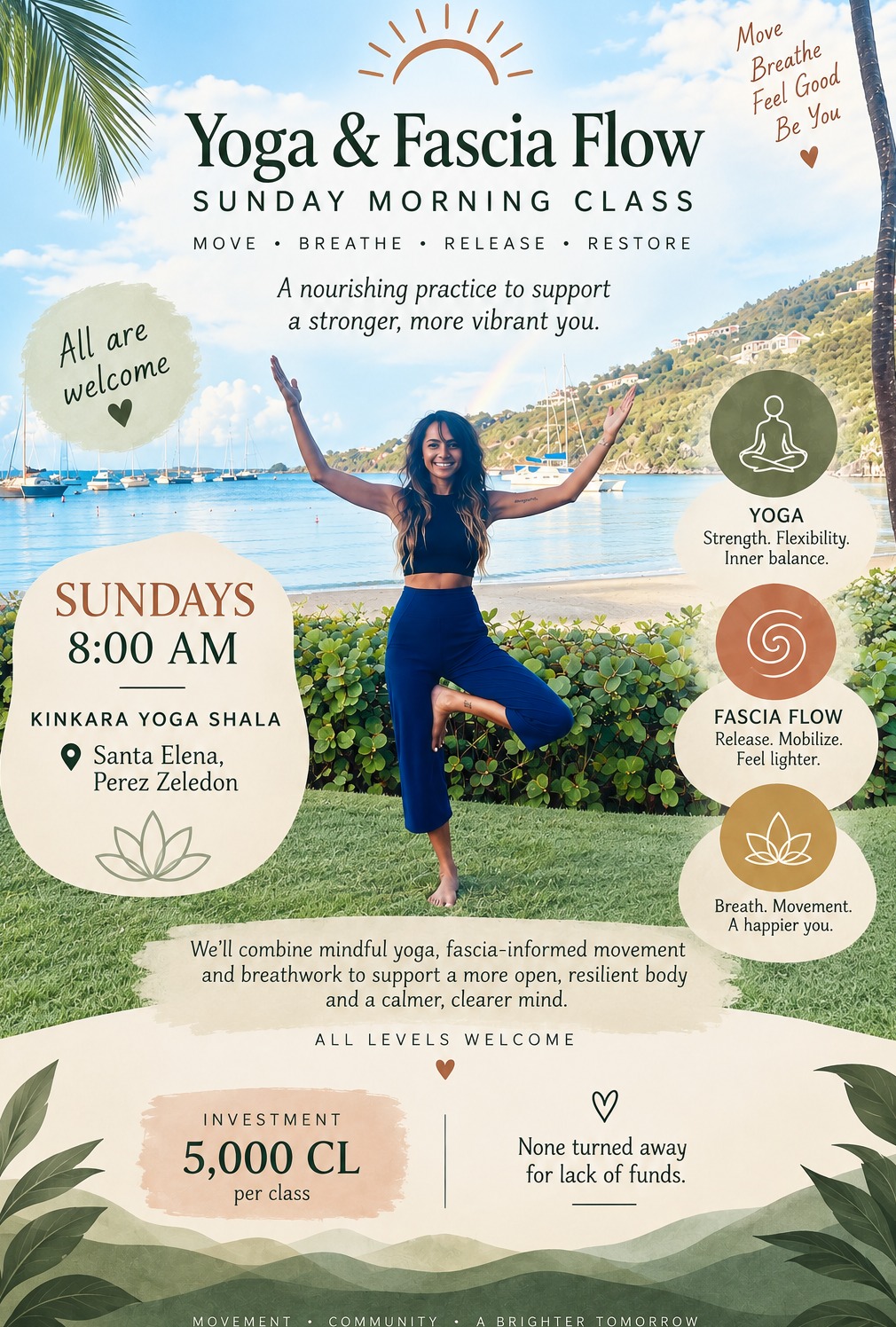 Fotografía de una mujer practicando yoga en una playa tropical con botes anclados, mostrando el horario semanal domingo 8:00 AM en Kinkara Yoga Shala, Santa Elena, Pérez Zeledón.