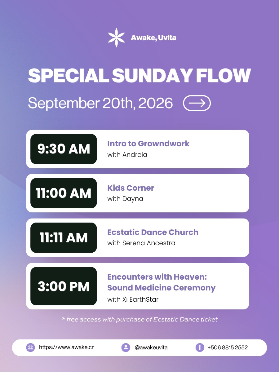 Cartel con agenda de cuatro sesiones en púrpura: clases de movimiento, danza extática, esquina infantil y ceremonia de sonido de 9:30am a 3:00pm, con facilitadores nombrados.