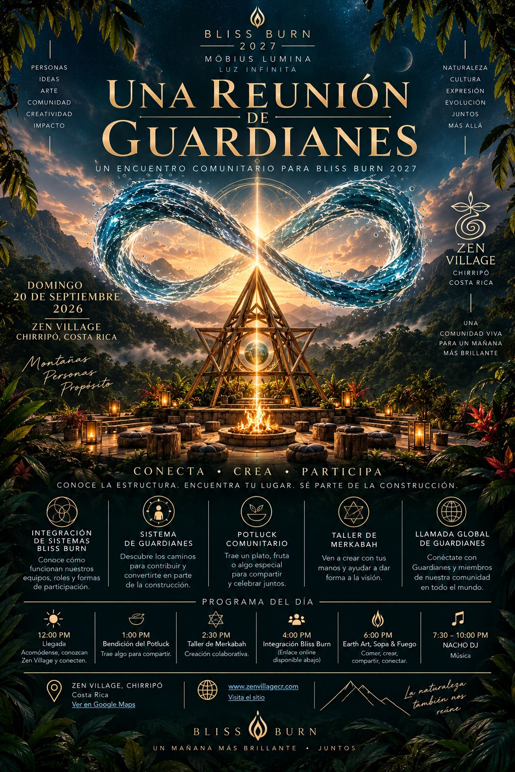 Póster gráfico con mandala infinito y pirámide central iluminada sobre fuego, paisaje montañoso con follaje tropical. Programa del día listado en hora militar: llegada mediodía, potluck 13:00…