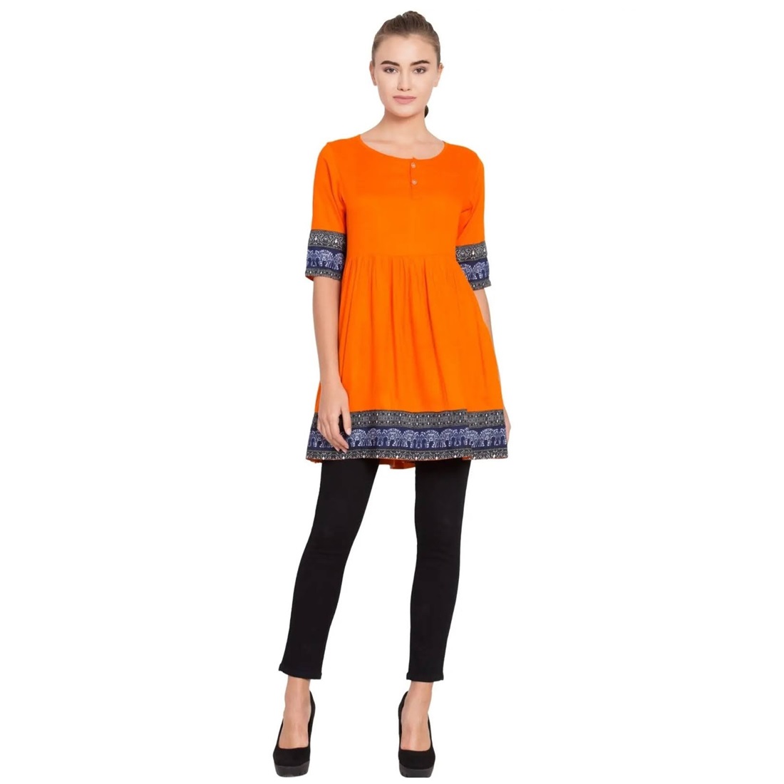 Latest Designer New Stylish Daily Wear Kurti Round Neck Elephant Print Ladies Rayon New Design Dress (Orange)