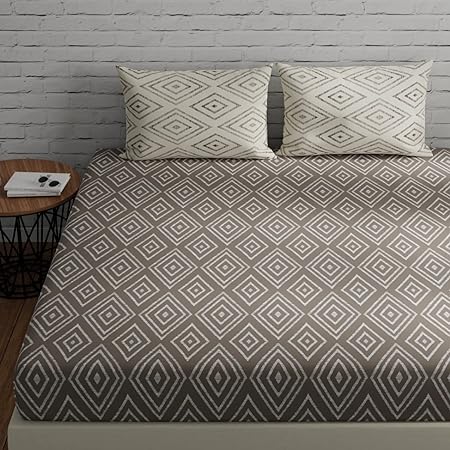 Cotton Bedsheet for Double Bed with 2 Pillow Covers-Taupe & White - 144 TC 