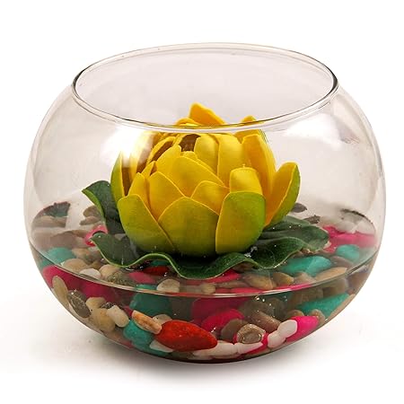 Glass vases home decor Round with faux Lotus and natural stones Artificial Flowers for Decoration Pot