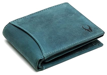 9 Card Slots 2 Currency & 2 Secret Compartments 1 Zipper & 3 ID Card Slots Blue Leather Wallet for Men