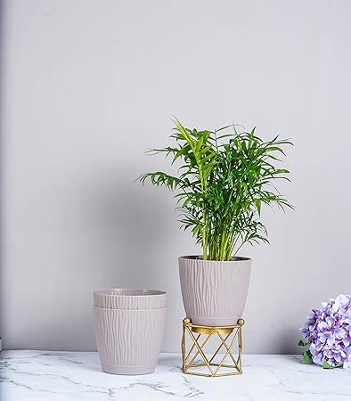 Set of 3 Mocha Self Watering Indoor Pots with Tray Low Maintenance Flowers for Home & Balcony Decor (Plant or Metal Stand Not Included 5.5 Inch Wide*5 Inch High)