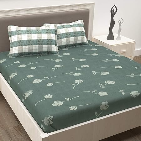 Double Bedsheet For Cotton with 2 Pillow Covers Green & Grey