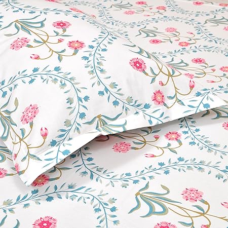 Queen Size 100% Cotton Bedsheet for Double Bed  with 2 Pillow Covers (The Pink Blossom 90 X 100 Inches)