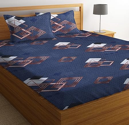 3D Flower Printed Pattern Dark Blue Double Bedsheet with 2 Pillow Covers Cotton-180 TC
