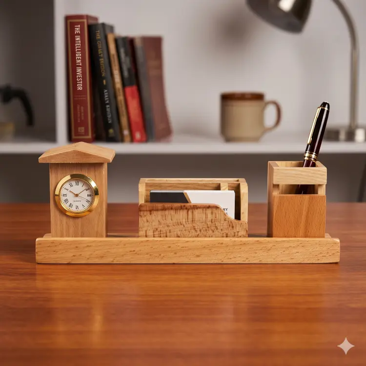 Premium Wooden Desk Organizer with Pen Stand Holder, Business Card Holder & Analog Clock | Executive Office Table Organizer | Wooden Desktop Stationery Stand | Home Office Desk Accessories | Corporate Gift for Professionals