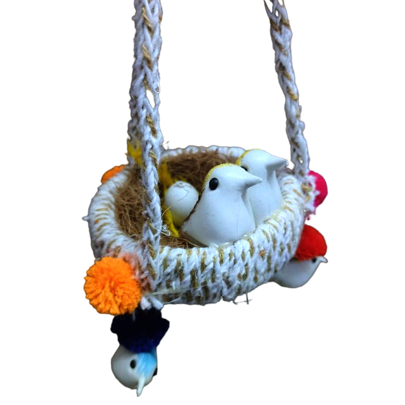 Handmade Artificial Jute Hanging Birds with Nest Jhumar Showpiece Chidiyan Ka Ghosla for Home Dcor Home Decoration Pack of 1 (Yellow)