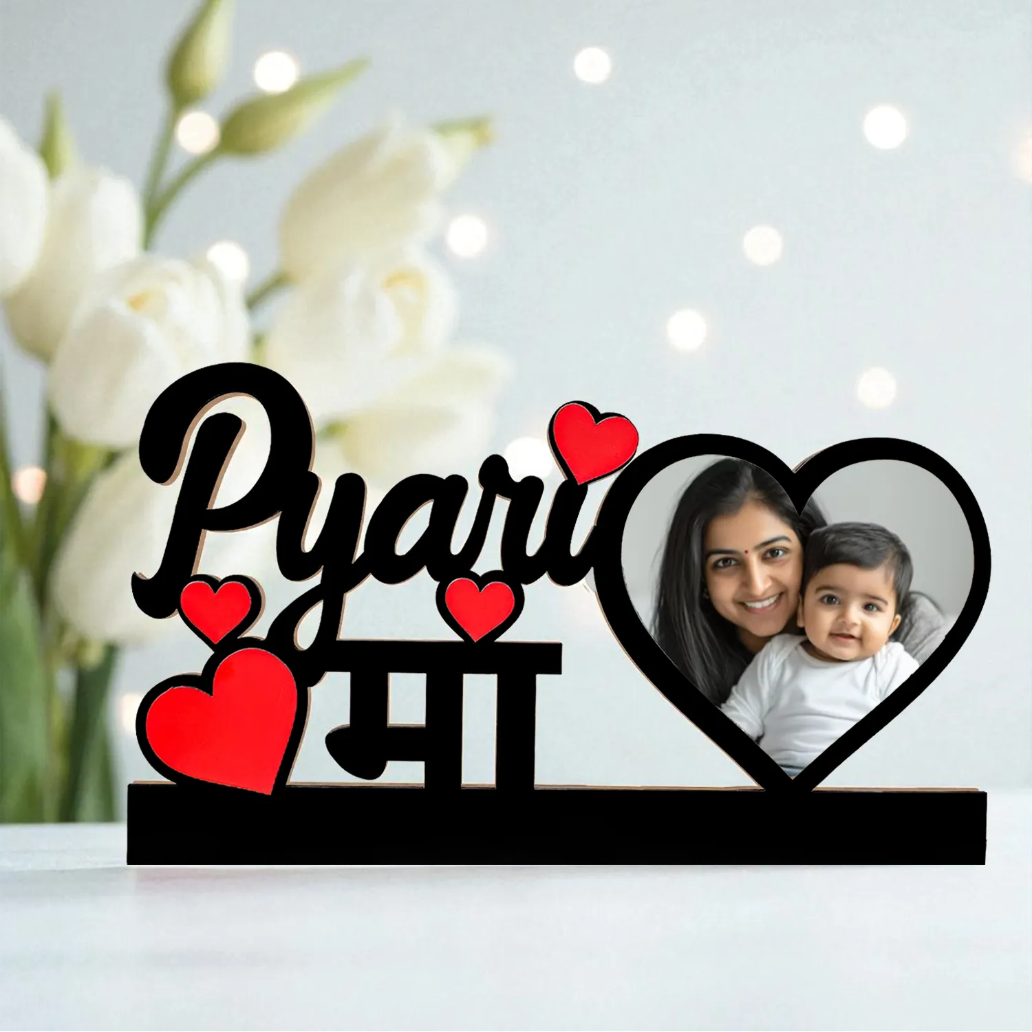 Personalized Pyari Maa Wooden Photo Frame | Custom Mother’s Day Gift India | MDF Table Top Photo Frame with Name & Photo | Unique Gift for Mom | Home Decor | DVMART®