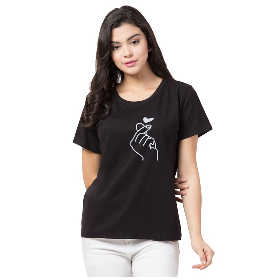 Womens Regular Fit Printed Cotton Half Sleeve Black Round Neck Tshirt