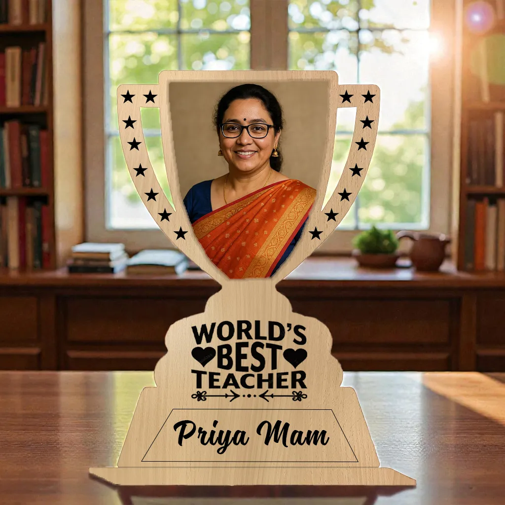 Personalized Wooden Trophy for Teacher | Custom Photo MDF Award Plaque | World’s Best Teacher Gift | Teacher’s Day Appreciation Trophy with Name | DVMART®