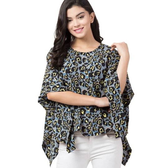 Plus Size Women's Blue & Off White Floral Print Longline Asymmetric Georgette Top